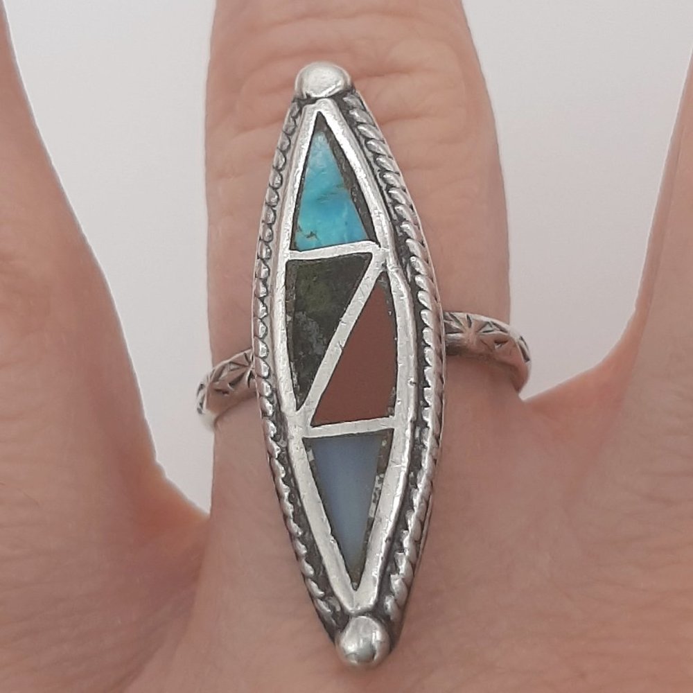 Southwestern Turquoise Signed Silver Shield Ring 4 - Picture 4 of 6